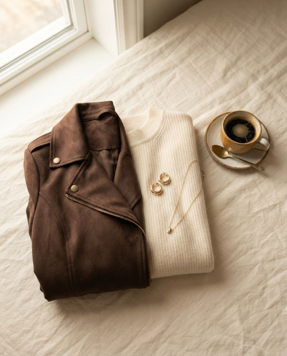 Look 01 — Chocolate Weekday, styled flat lay