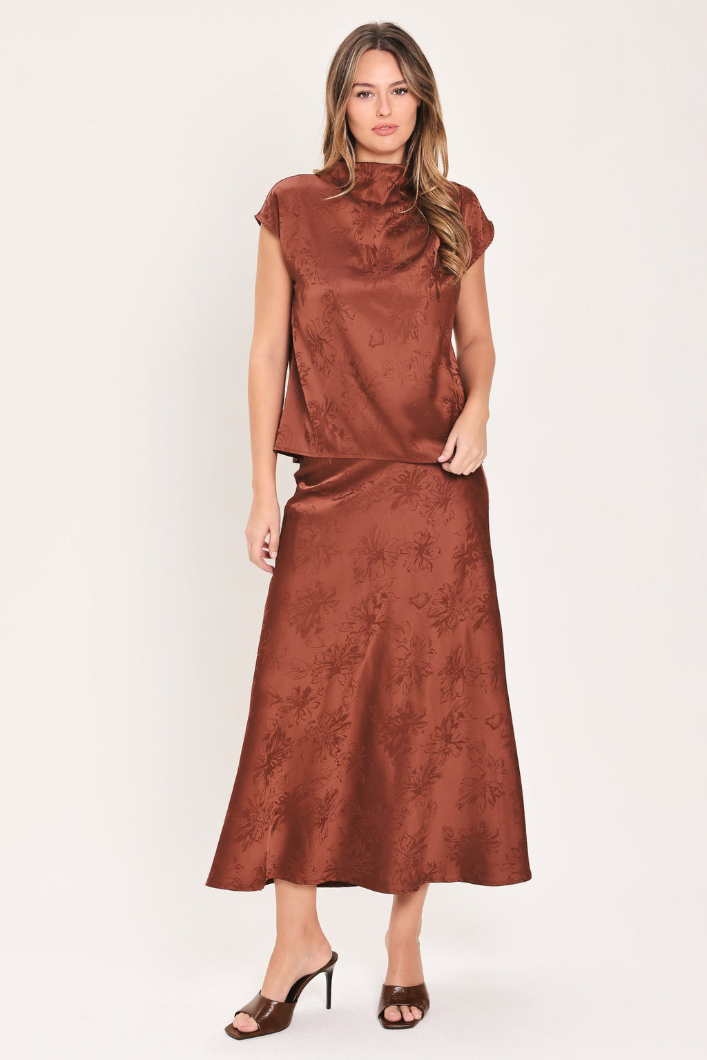 Burgundy Jacquard Satin Midi Skirt