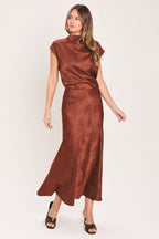 Burgundy Jacquard Satin Midi Skirt