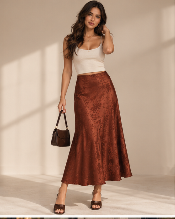 Burgundy Jacquard Satin Midi Skirt