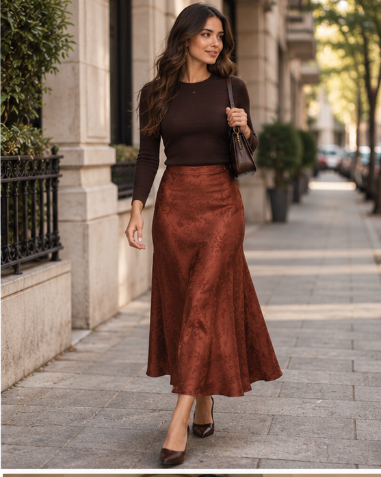 Burgundy Jacquard Satin Midi Skirt