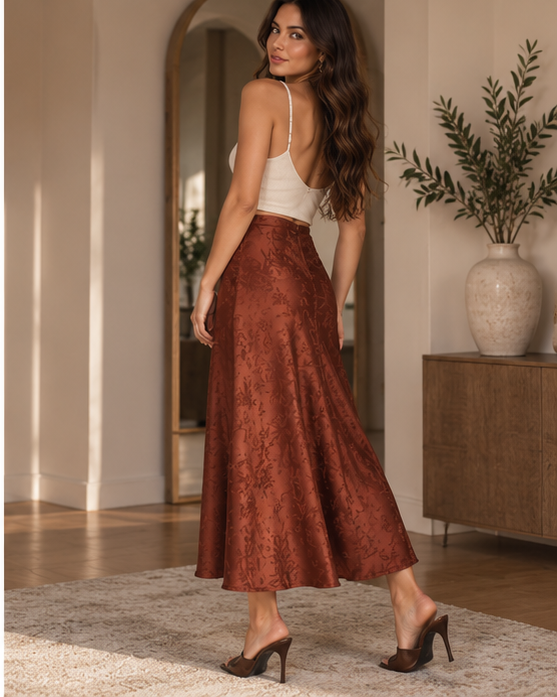 Burgundy Jacquard Satin Midi Skirt