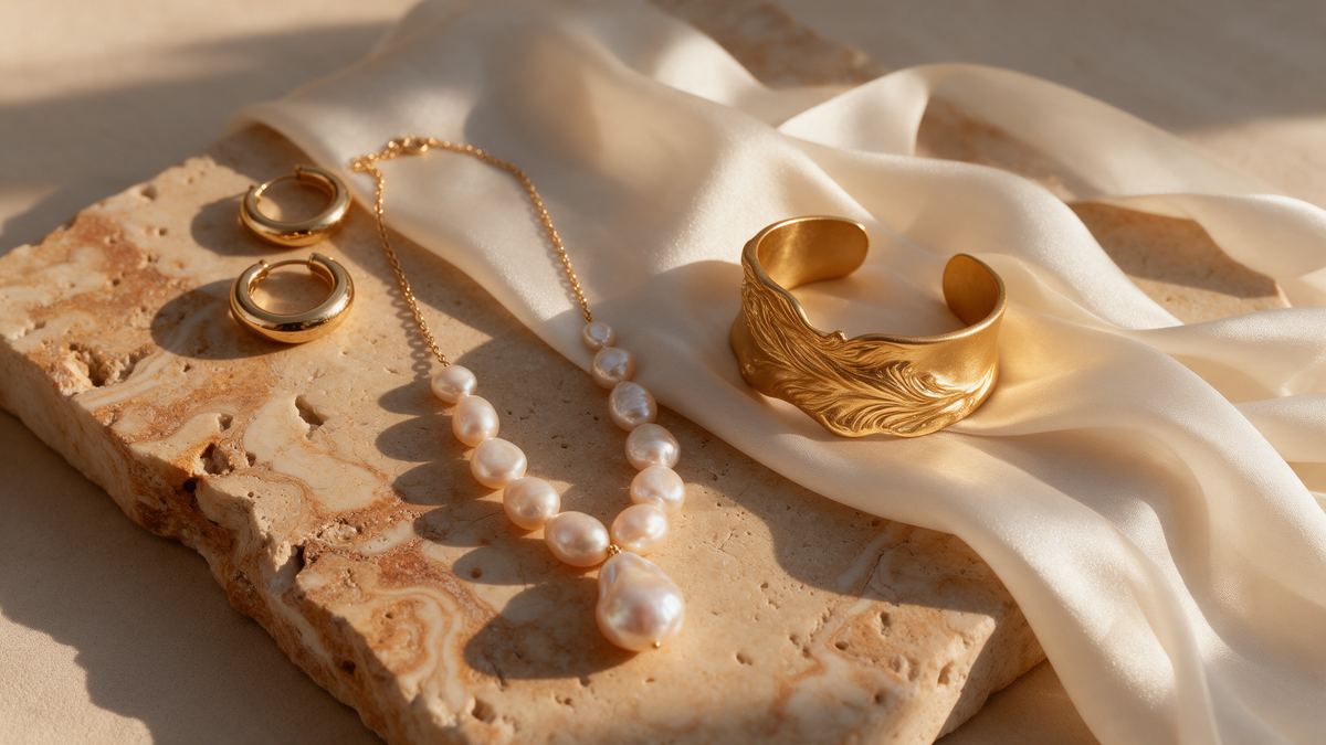 Pearl necklace, gold hoops and a sculpted cuff resting on silk and stone